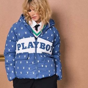 Playboy Blue Repeat Bunny Print Colorblock Puffer Jacket